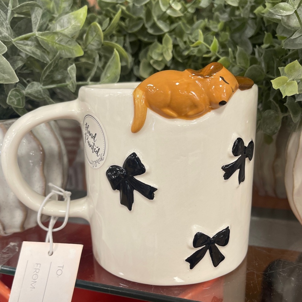Dachshund Wiener Dog Black Bow Dog sleeping on Rim Ceramic Coffee Mug NWT